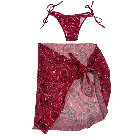 Shein Bandana Print Bikini Bottom With Sarong XS/S Paisley Red Beachwear Pool - Picture 1 of 4